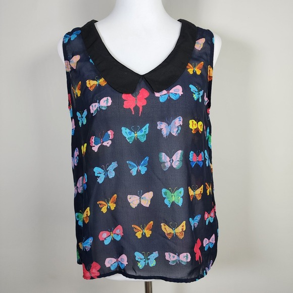 Butterfly Top Womens Large Chiffon Sheer Dainty Feminine Peter Pan Collar Blouse - Picture 2 of 14